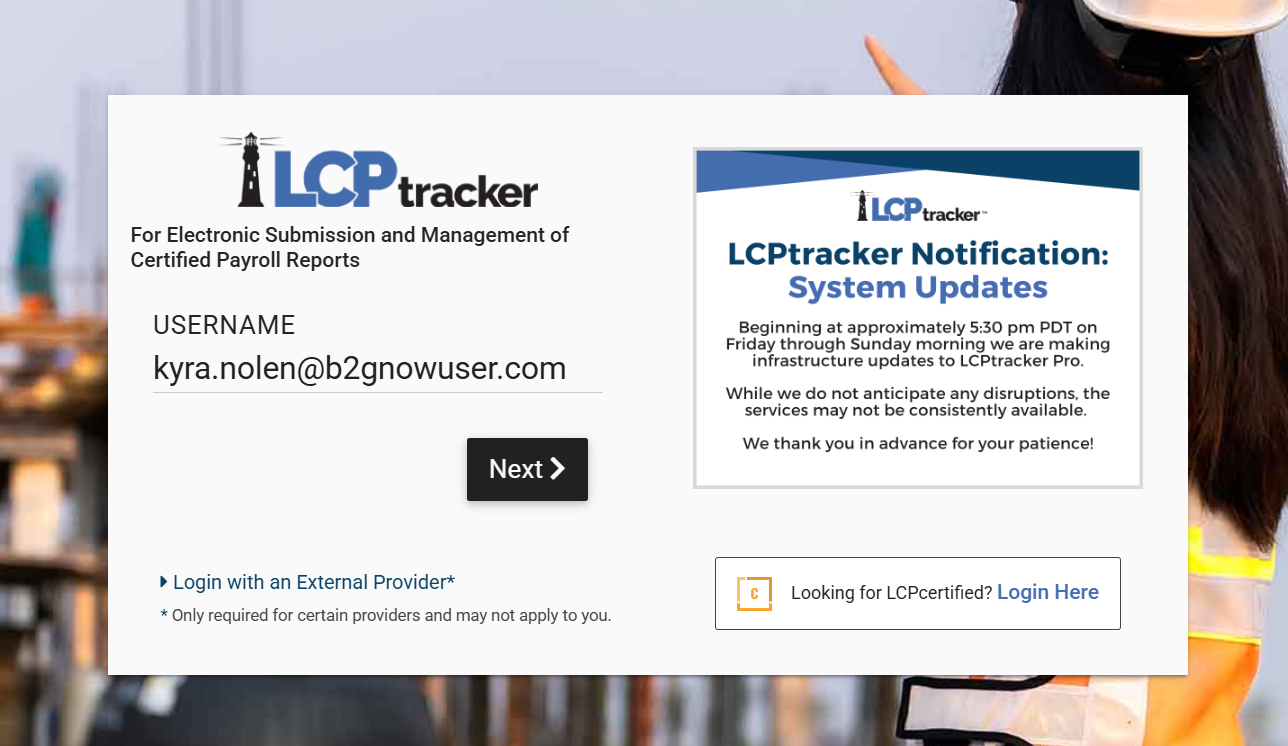 Enter username and select “Next” to log in to LCPtracker.