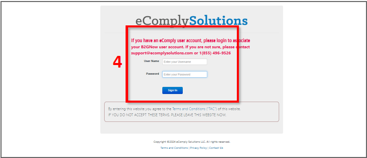 Log in to eComply using username and password to link your account with B2Gnow for system access.