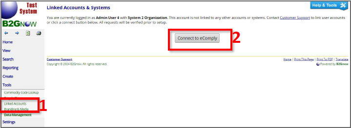 Dashboard highlighting Linked Accounts in the left navigation pane and the “Connect to eComply” option.