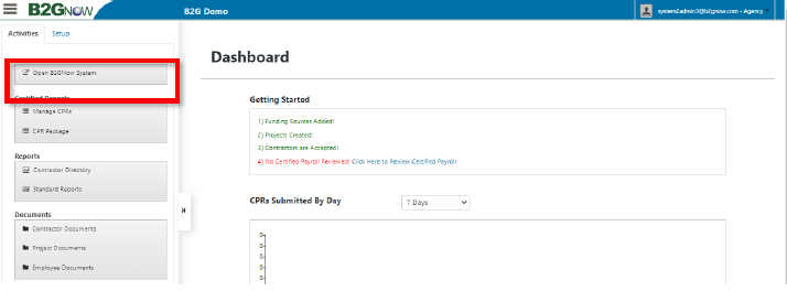 Actions Tab highlighting “Open B2Gnow System” in the left navigation pane.