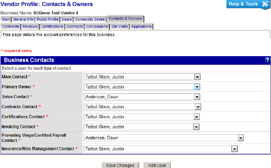 Vendor Profile: Contacts & Owners page with dropdowns to assign contacts by role; select users and save changes to manage responsibilities.