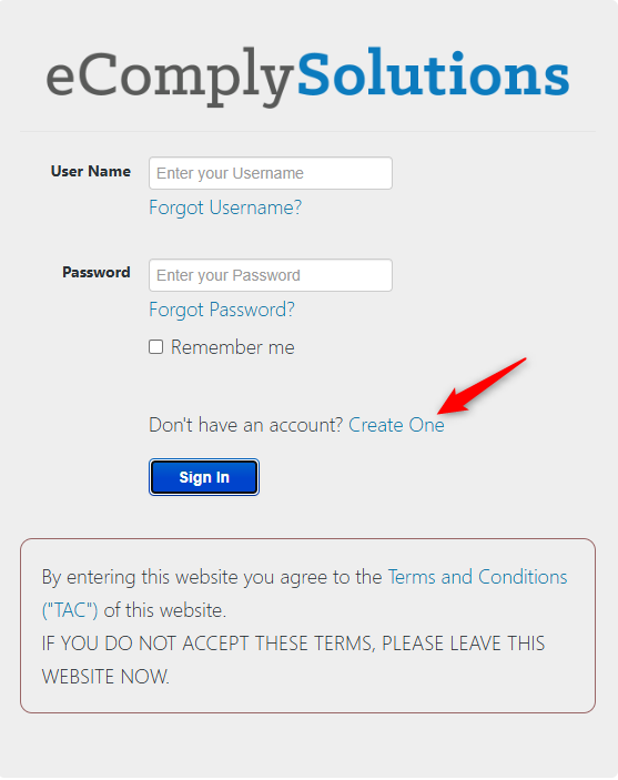 Log in or create an account on the Ecomply Solutions page using username, password, and ‘Remember Me’ options. Click ‘Create One’ to set up a new account if you have an agency code.