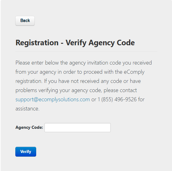 Registration page to verify agency code by entering the agency code.