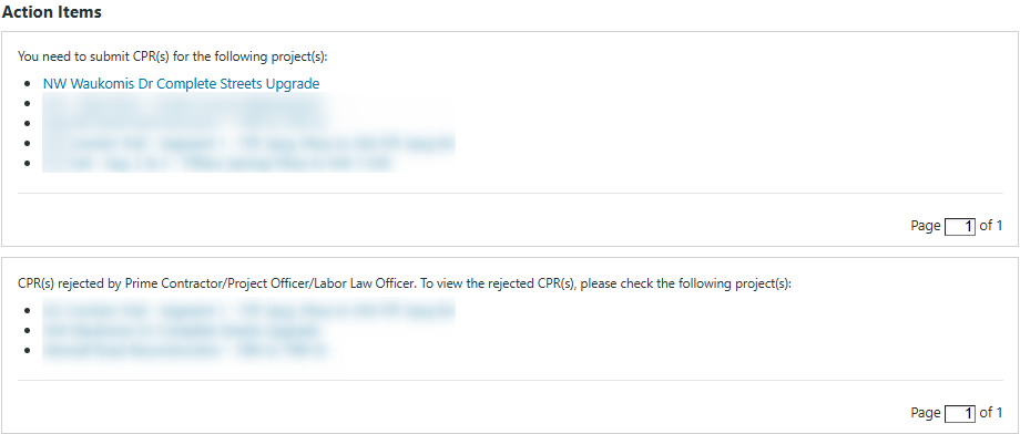 Action Items section displaying a condensed list of projects with CPRs ready for review, with options to select ‘Show All’ or click ‘Next’ to view additional CPRs.