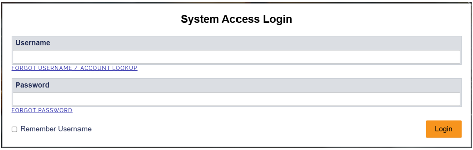 Log in using username and password, with options to recover credentials, remember username, and submit using the Login button.
