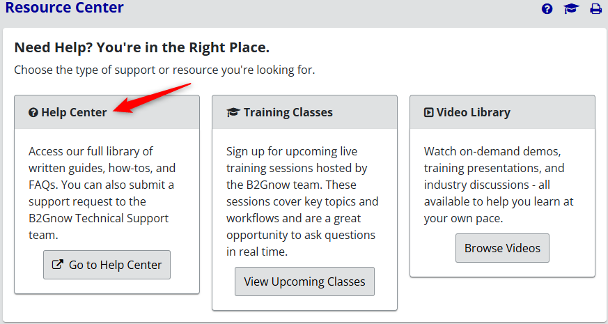 Resource Center page with options to open the Help Center, view training classes, or browse videos to access support and learning resources.