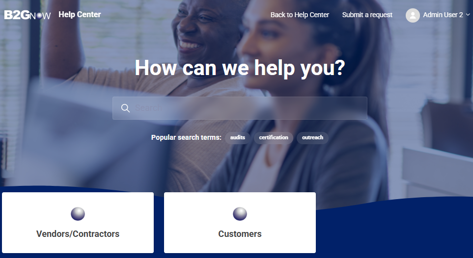 Help Center homepage with a search field to find support articles and buttons for Vendors/Contractors or Customers to get help.