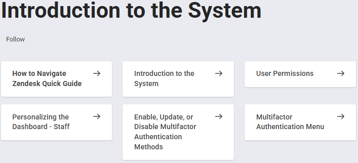 Introduction to the System page with links to guides on navigation, user permissions, dashboard setup, and multifactor authentication.