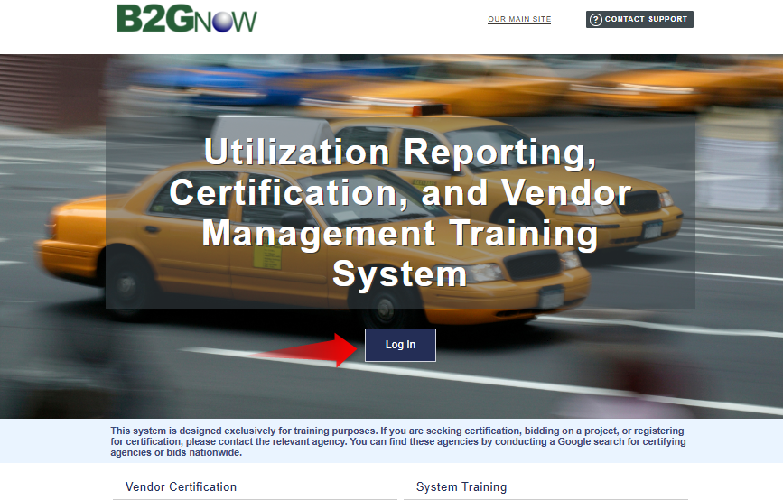Training system homepage with ‘Log In’ button to access utilization reporting, certification, and vendor management training.