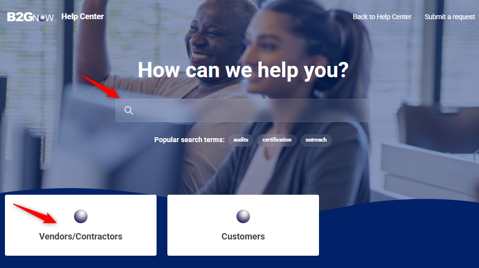 Help Center homepage with a search field to find support content and buttons to choose Vendors/Contractors or Customers for assistance.