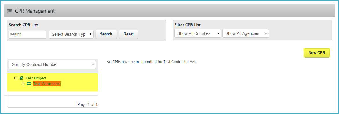 CPR Management page to search, filter, and sort certified payroll reports, view existing CPRs, or select New CPR to add a report.