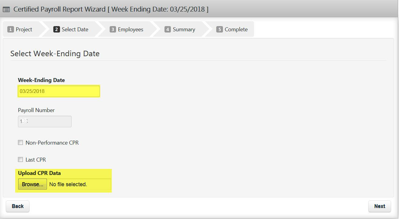 Certified Payroll Report Wizard to enter week-ending date, payroll number, upload CPR data file, and proceed to next step.