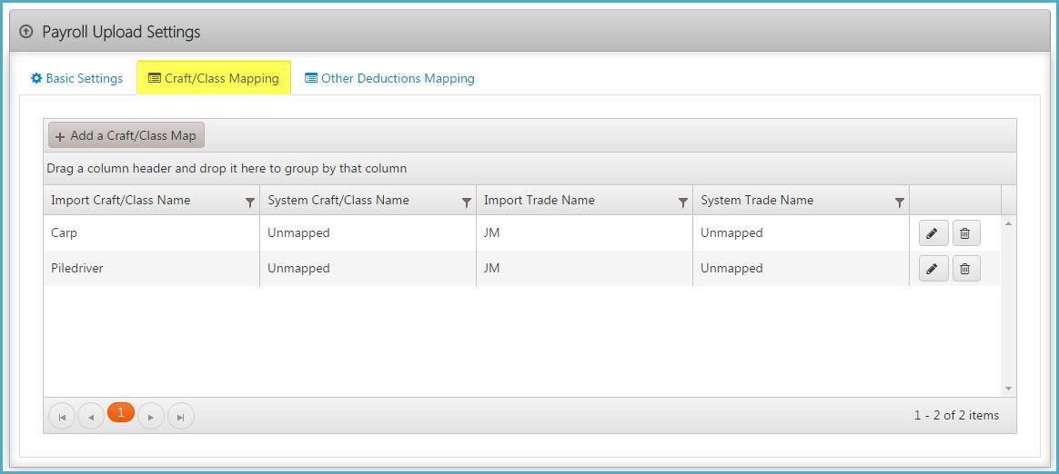 Payroll Upload Settings page on Craft/Class Mapping tab, showing unmapped crafts and allowing users to edit or add mappings.