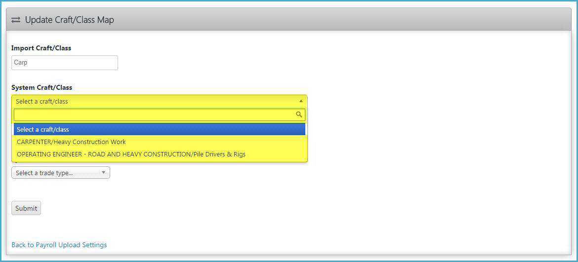 Update Craft/Class Map form allowing users to select a system craft/class from a dropdown and submit the mapping.