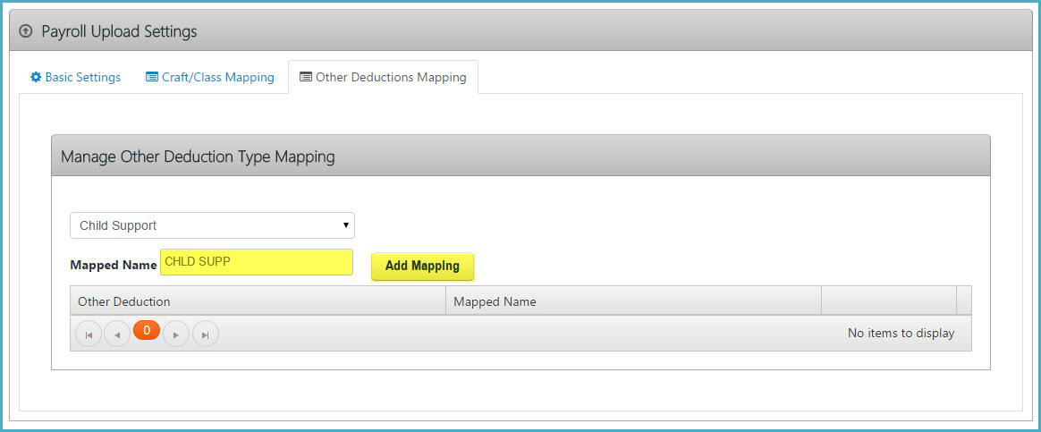 Payroll Upload Settings page showing Other Deductions Mapping, where users select a deduction type and add or review mapped names.
