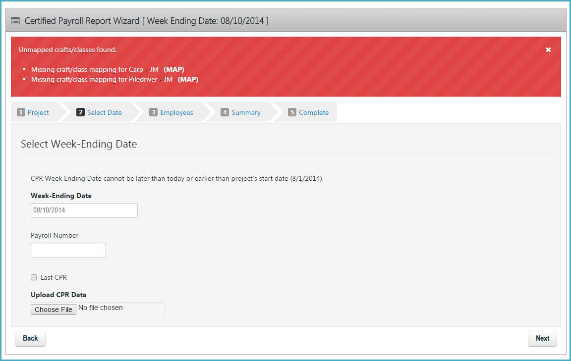 Certified Payroll Report Wizard page to select week-ending date, enter payroll details, upload CPR data, and review mapping errors.