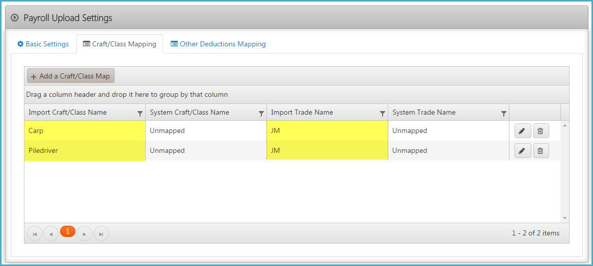 Payroll Upload Settings showing Craft/Class Mapping table with unmapped crafts and trades, allowing users to review and update mappings.