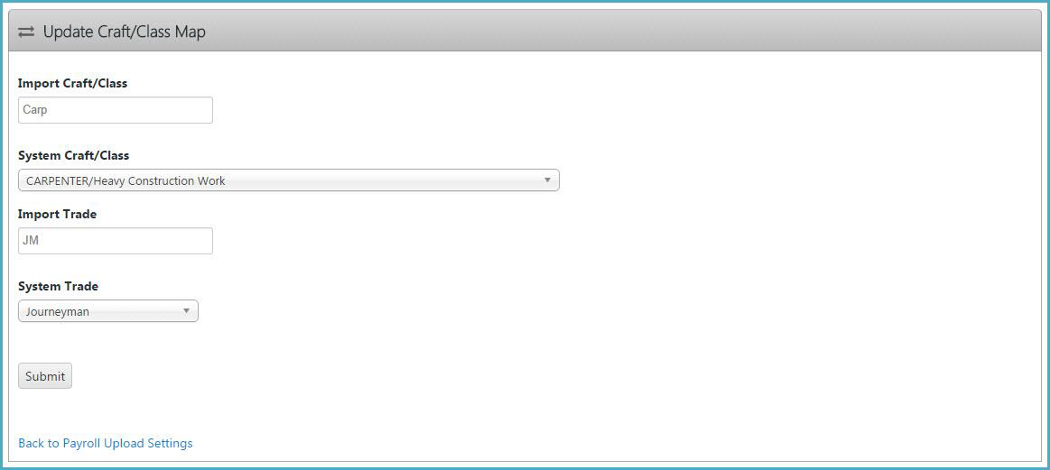 Update Craft/Class Map form displaying selected system craft and trade, allowing users to confirm and submit the mapping.