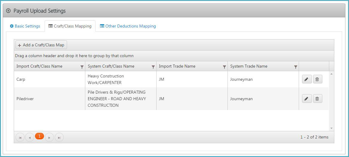 Payroll Upload Settings showing Craft/Class Mapping table with mapped crafts and trades, allowing users to review or edit mappings.