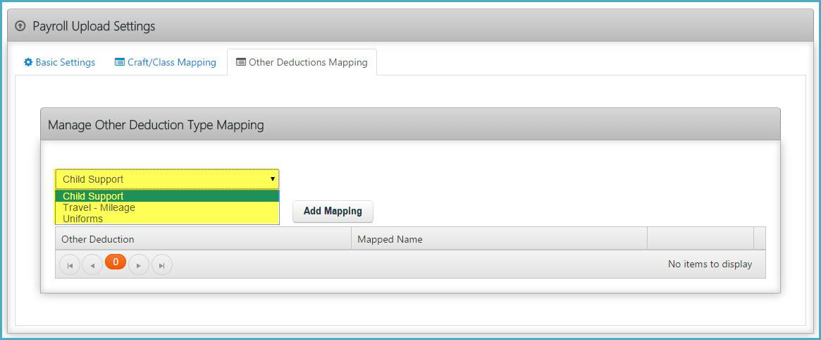 Payroll Upload Settings on Other Deductions Mapping tab, allowing users to select a deduction type and add a mapping.