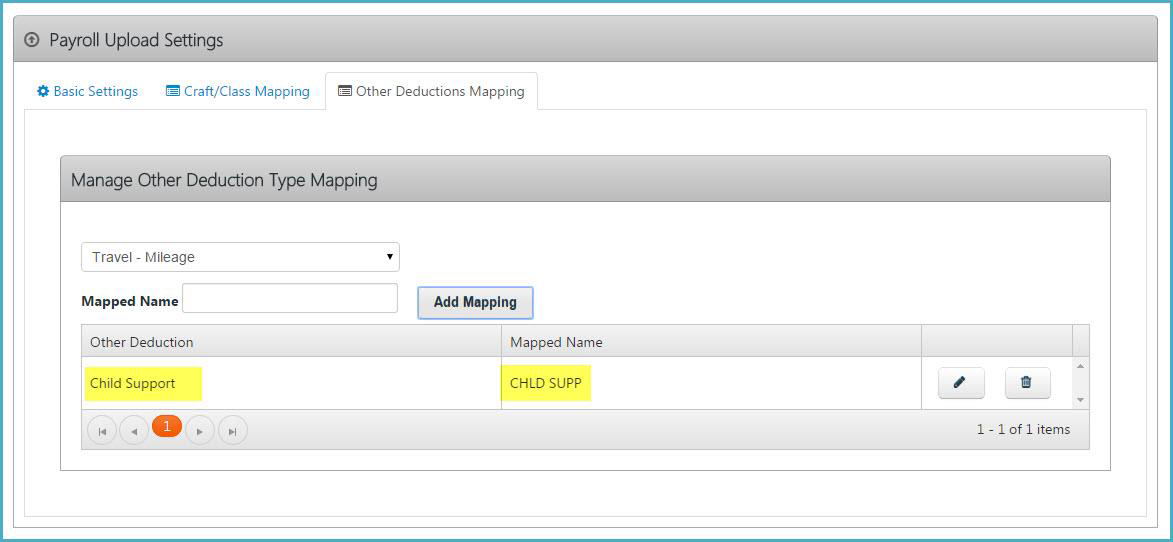 Payroll Upload Settings page showing Other Deductions Mapping, where users add and review mapped names for deduction types like Child Support.