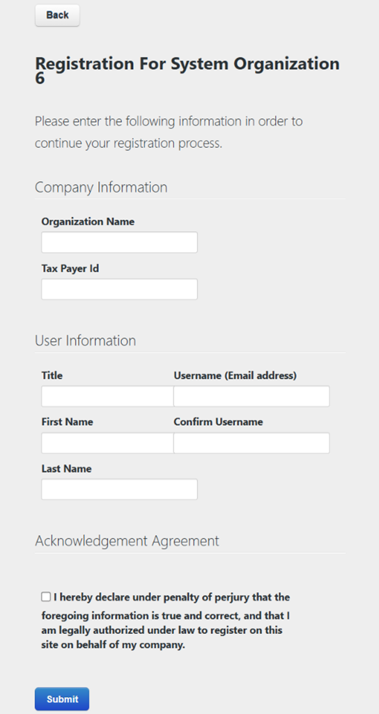 Registration page with fields to enter company information, user information, and an acknowledgment checkbox.