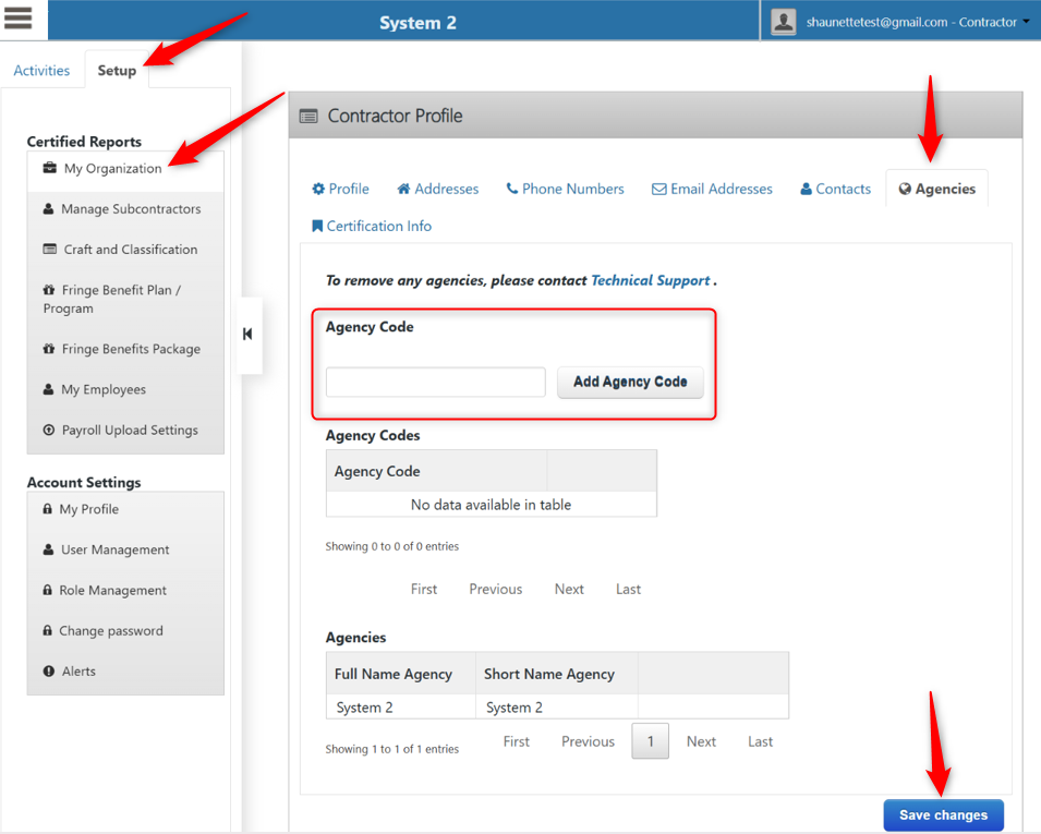 Contractor profile page showing the Agencies tab with a field to enter the agency code.