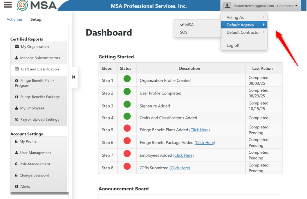 Dashboard view showing how to toggle between accounts using the username menu in the top right corner.