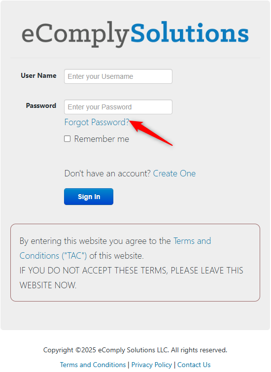 Ecomply Solutions login page with username, password, and ‘Remember Me.’ Select ‘Forgot Password’ to reset.