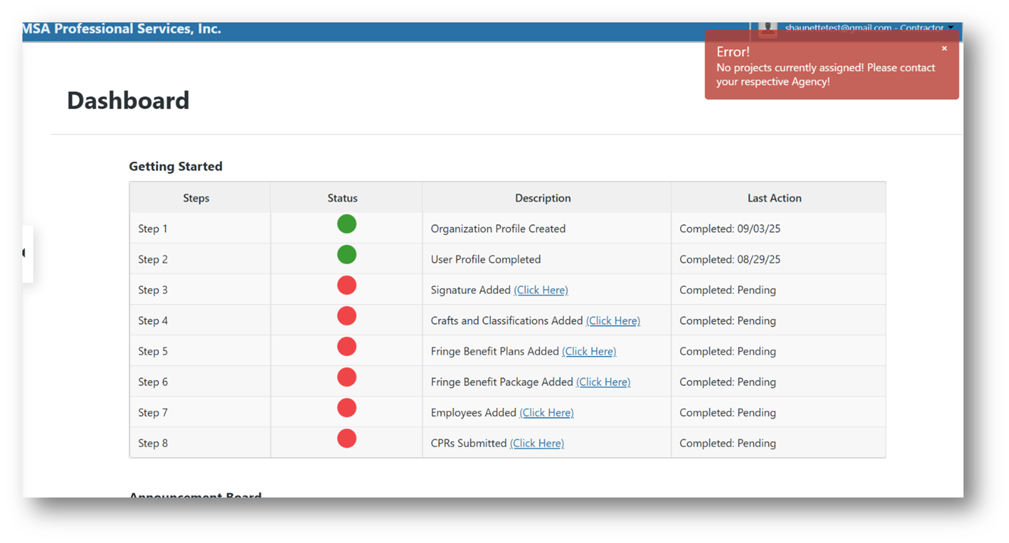 Dashboard table showing setup checklist with step sequence, colored status dots, step descriptions, and last action details to track completion progress.