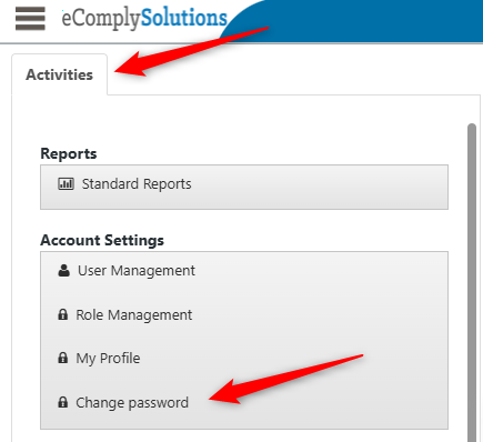 Account menu showing Activities and Account Settings, where users can open User Management, Role Management, My Profile, or change their password.