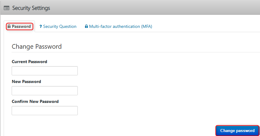 Security Settings page with Password tab selected, allowing users to enter current and new passwords and change their password.