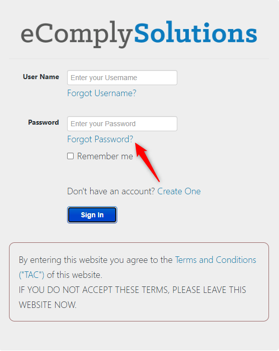 Ecomply Solutions login page with username, password, and ‘Remember Me.’ Select ‘Forgot Password’ to reset.