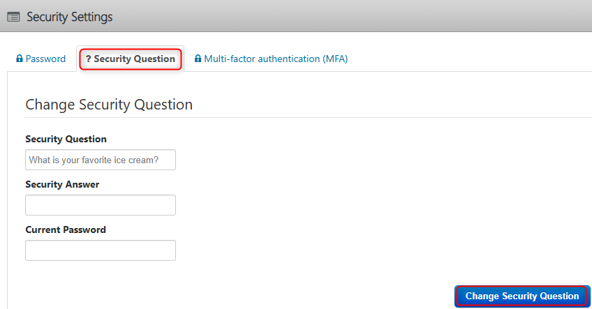 Security Settings page with Security Question tab selected, allowing users to choose a question, enter an answer, and update it securely.