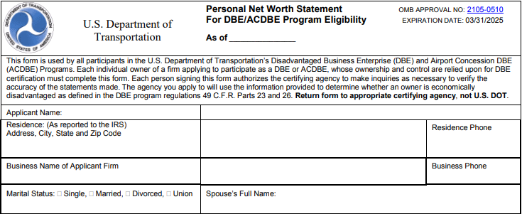 USDOT Personal Net Worth Statement form for DBE/ACDBE eligibility, with fields to enter owner, business, address, and financial details.