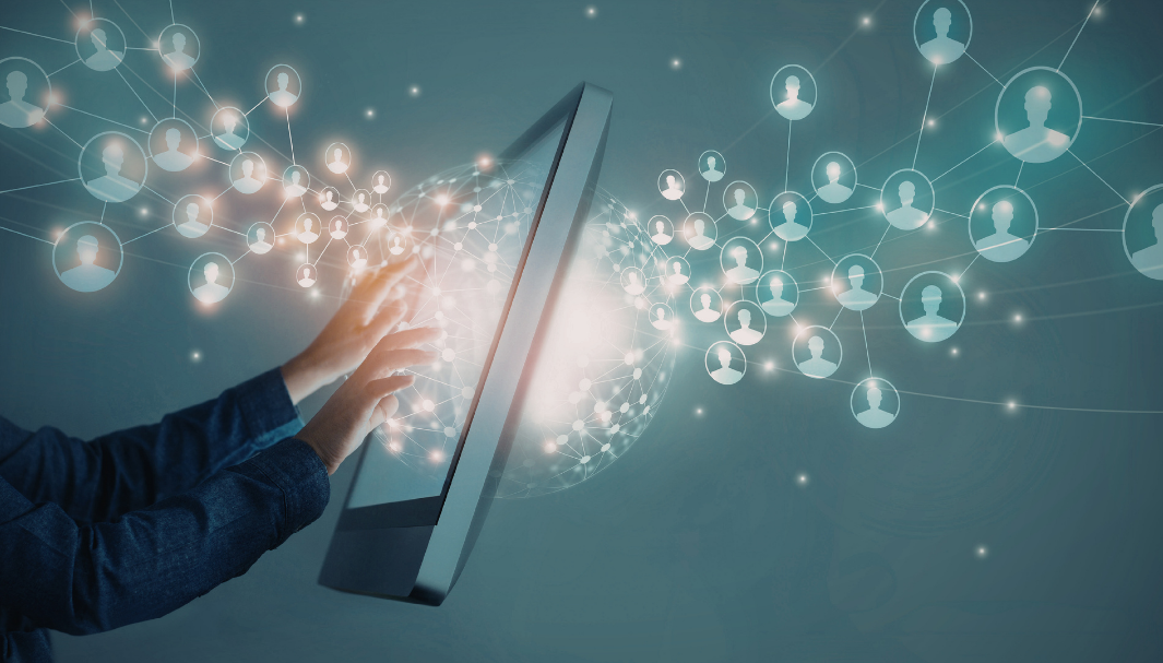 User interacts with a digital interface displaying connected user icons, illustrating data sharing and networked communication across a system.