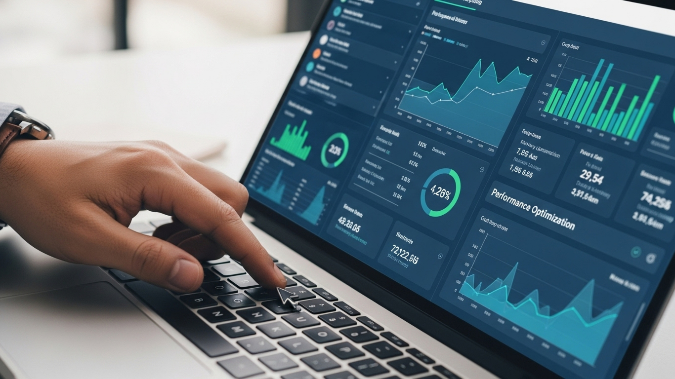 Sample of an analytics dashboard with charts and KPIs displayed on a laptop, allowing users to review performance trends and metrics.