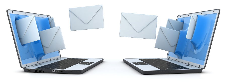 Two laptops exchanging email messages, illustrating sending and receiving electronic communications between users or systems.