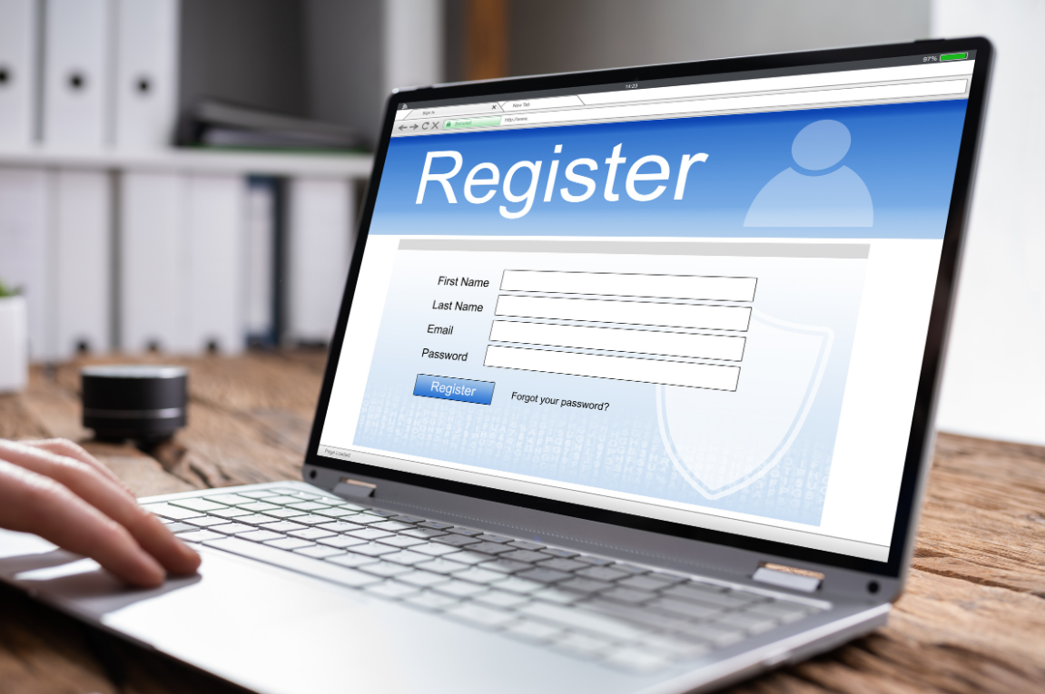 Register for an account by entering first name, last name, email, and password, then selecting the Register button.