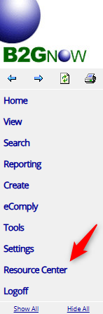 Side navigation menu with links to Home, Reporting, Settings, Resource Center, and Logoff for accessing system features.