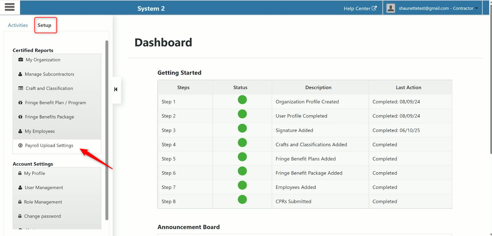 Dashboard showing setup menu and getting started checklist with completed steps to manage payroll upload settings and reports.