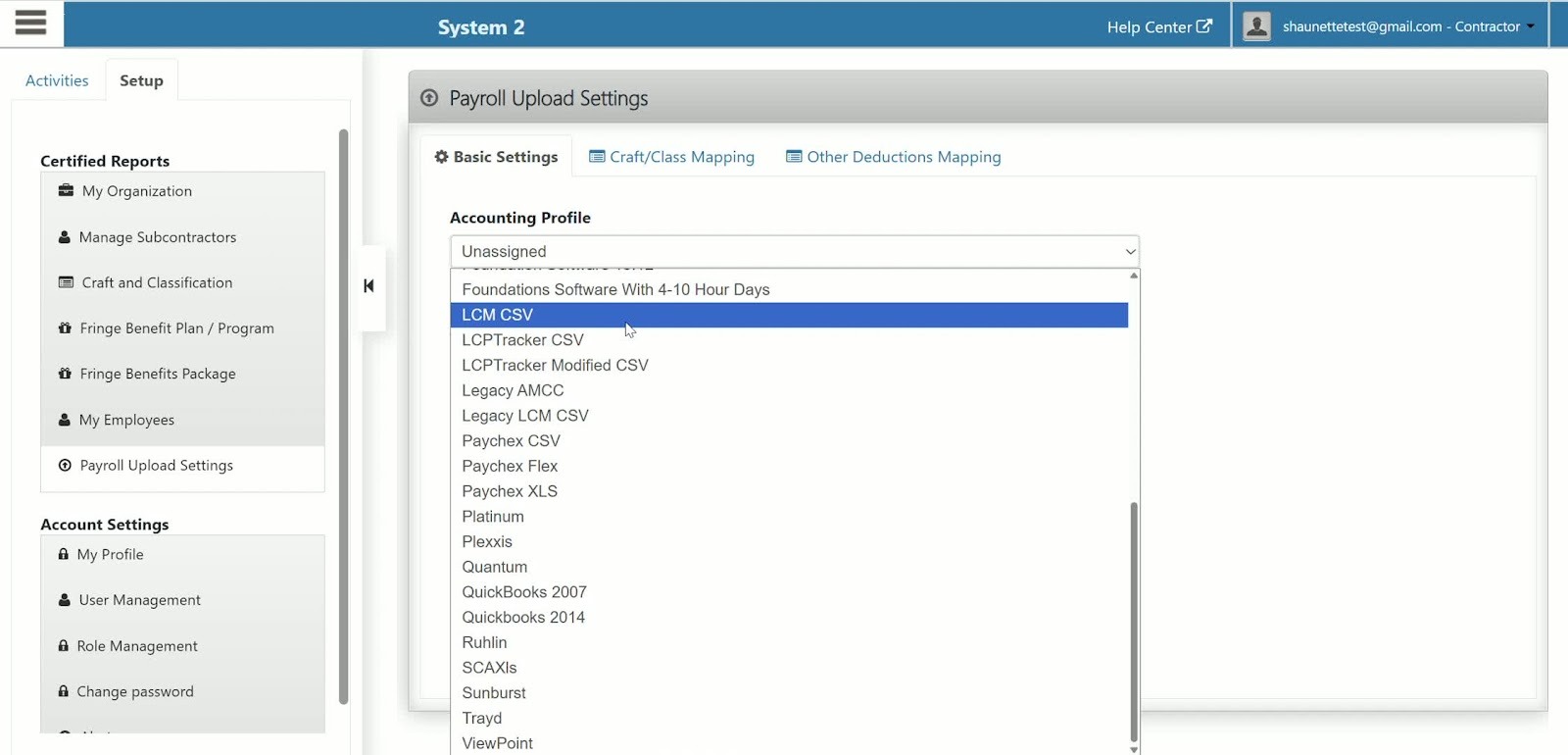 Payroll Upload Settings page with accounting profile dropdown expanded to choose a payroll export format.