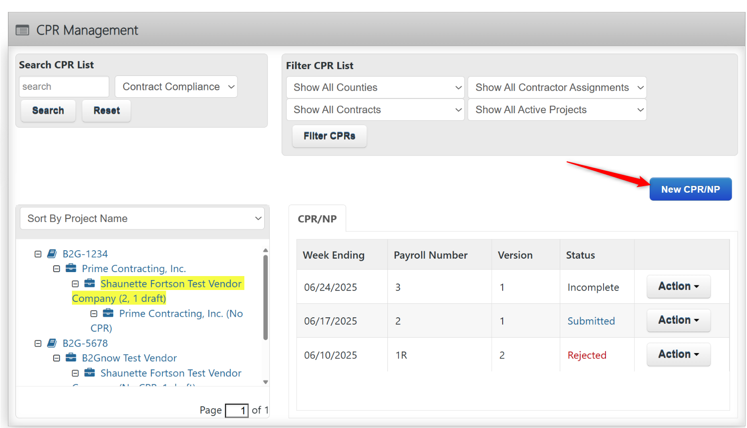 CPR Management page to search, filter, and create CPRs and review payroll status by week ending date and submission status.