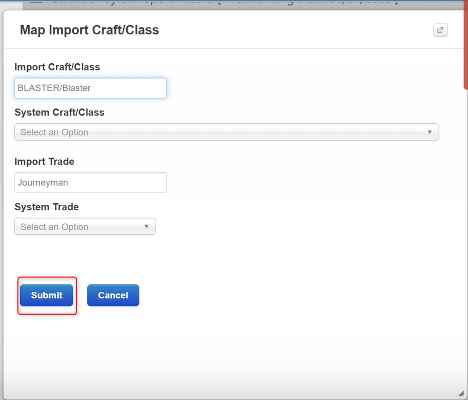 Map Import Craft/Class form to assign imported craft and trade to system craft and trade before submitting.