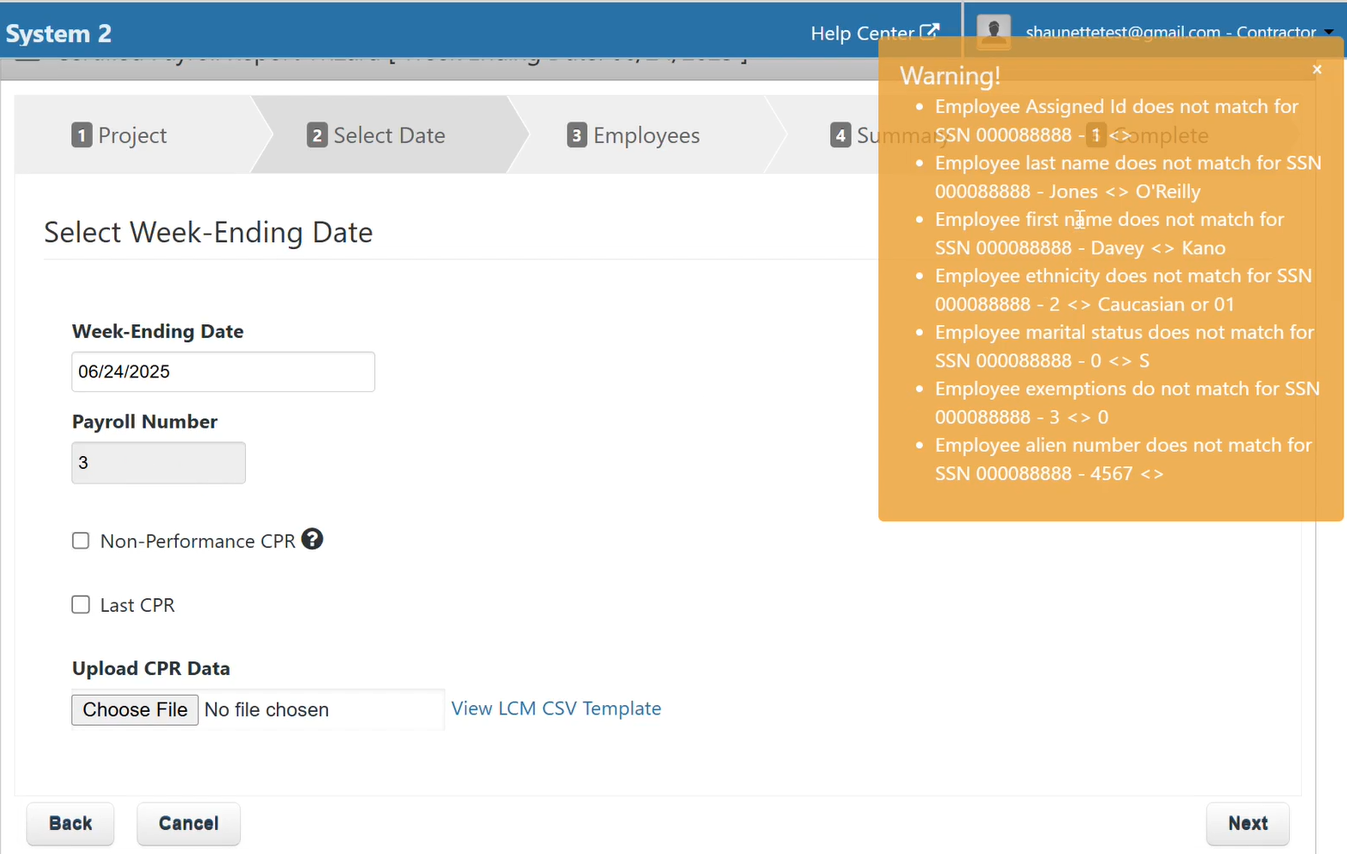 Certified Payroll Report Wizard page to enter week-ending date and upload CPR data, with warning alert for employee data mismatches.