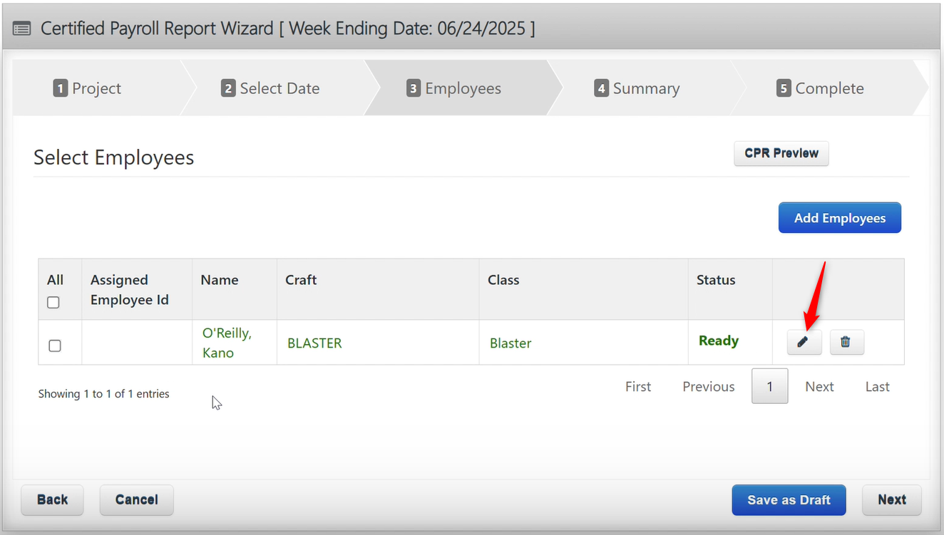 Certified Payroll Report Wizard Employees step to review, edit, or remove listed employees before saving or continuing.