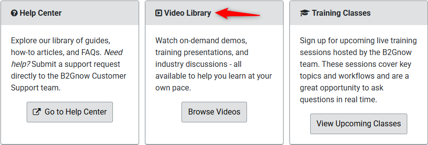 Resource Center page with an arrow pointing to the video library to browse demos and training presentations.