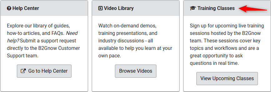 Resource Center page with an arrow pointing at the Training Classes to view and register for upcoming instructor led training classes.