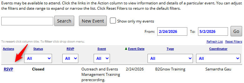 Events page with column filters to select RSVP as an action to take.