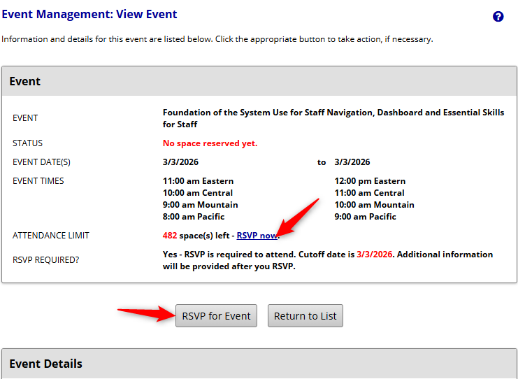 Event details page showing date, time, attendance limit, and RSVP.